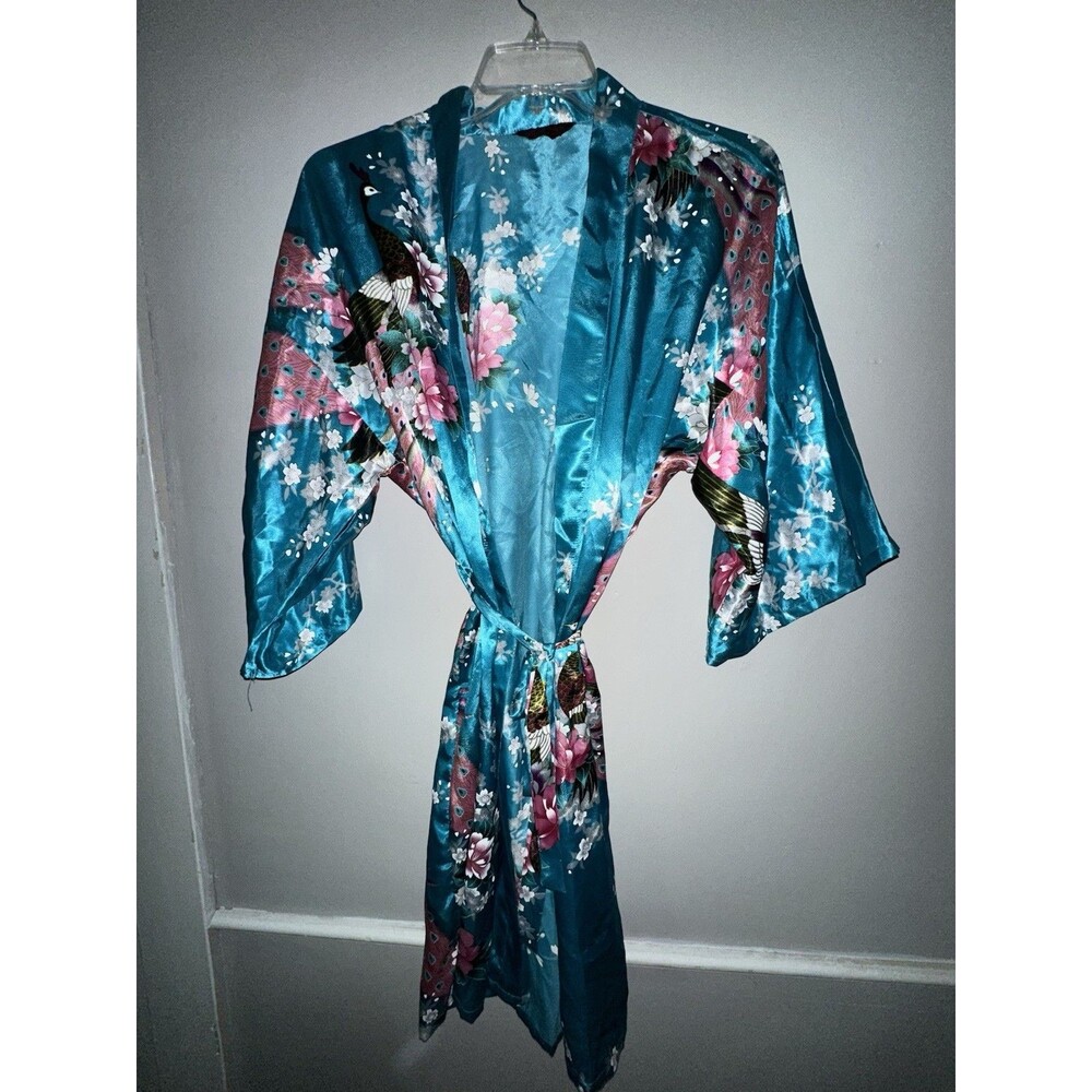 Blue Japanese Kimono With Peacock Design 1980s Vintage